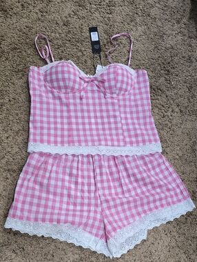 Fashion Nova Pink & White Gingham Lace Trim Cami Short Set
